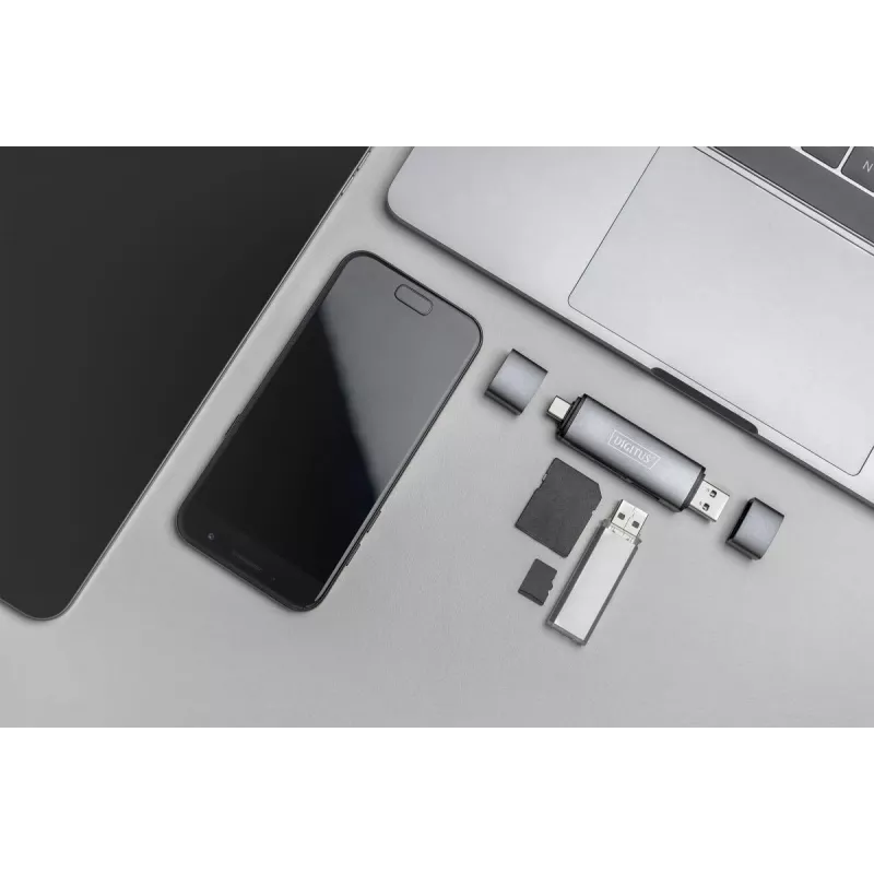 DIGITUS Combo Card Reader Hub (USB-C+USB 3.0) 1x SD, 1x MicroSD, 1x USB 3.0, sivý