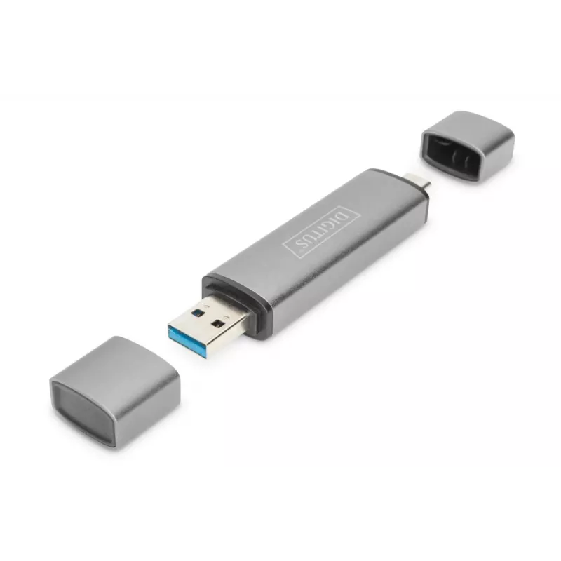 DIGITUS Combo Card Reader Hub (USB-C+USB 3.0) 1x SD, 1x MicroSD, 1x USB 3.0, sivý