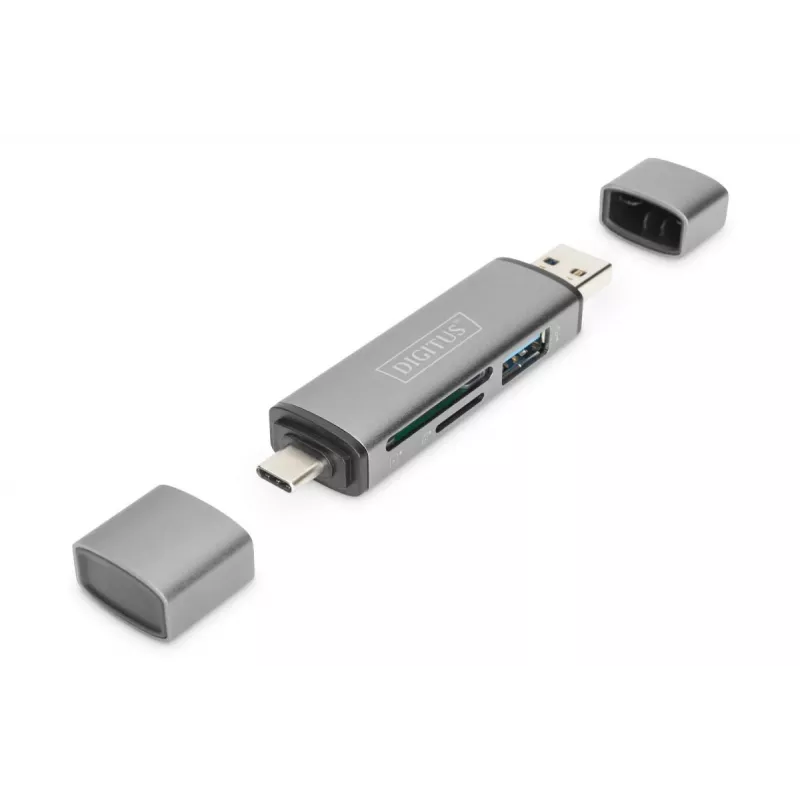 DIGITUS Combo Card Reader Hub (USB-C+USB 3.0) 1x SD, 1x MicroSD, 1x USB 3.0, sivý