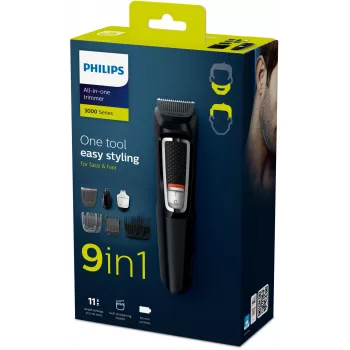 Multigroomer zastrihávač Philips MULTIGROOM Series 3000 9-in-1 MG3740/15 — NiMH batéria, 60 min. výdrž, nože z nehrdzavejúcej ocele, 9 nadstavcov, čierny