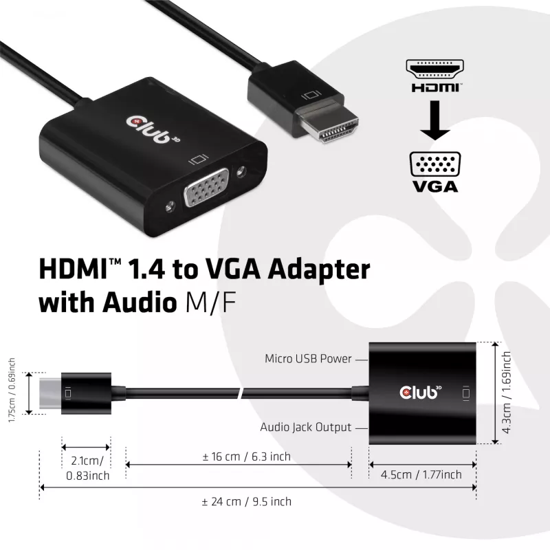 CLUB3D CAC-1302 video káblový adaptér 0,5 m HDMI typ A (štandard) VGA (D-Sub) čierny