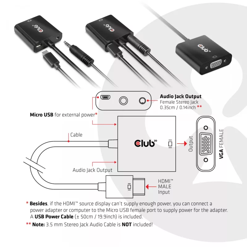 CLUB3D CAC-1302 video káblový adaptér 0,5 m HDMI typ A (štandard) VGA (D-Sub) čierny