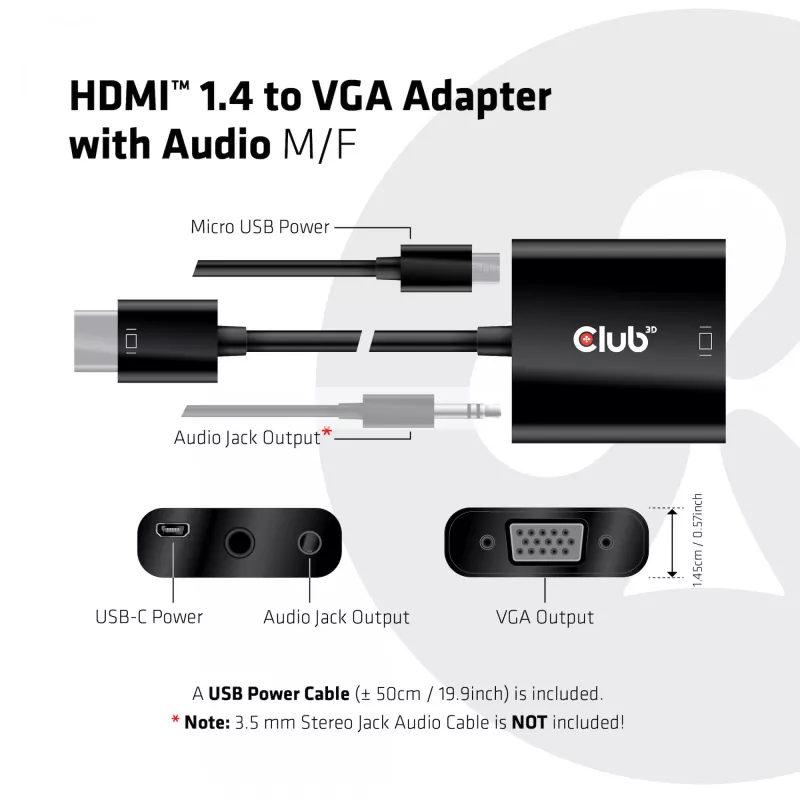 CLUB3D CAC-1302 video káblový adaptér 0,5 m HDMI typ A (štandard) VGA (D-Sub) čierny