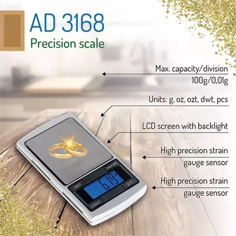Precízna váha Adler AD 3168, kapacita 100 g, presnosť 0,01 g, strieborná, prenosná