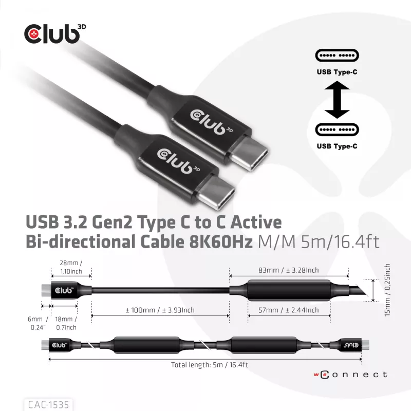 CLUB3D USB 3.2 Gen2 Type C to C aktívny obojsmerný kábel 8K60Hz M/M 5m/16.4ft