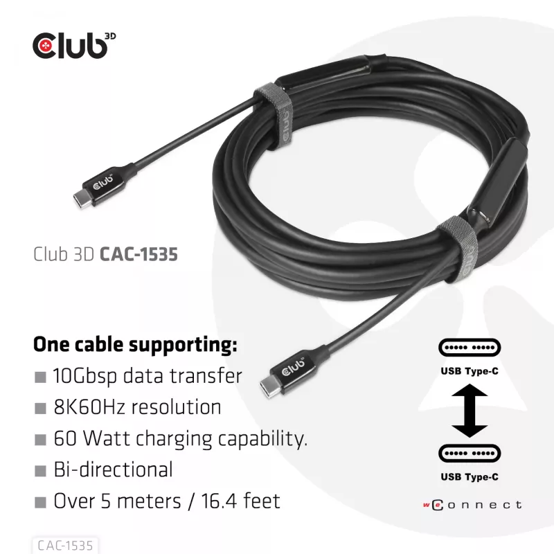 CLUB3D USB 3.2 Gen2 Type C to C aktívny obojsmerný kábel 8K60Hz M/M 5m/16.4ft