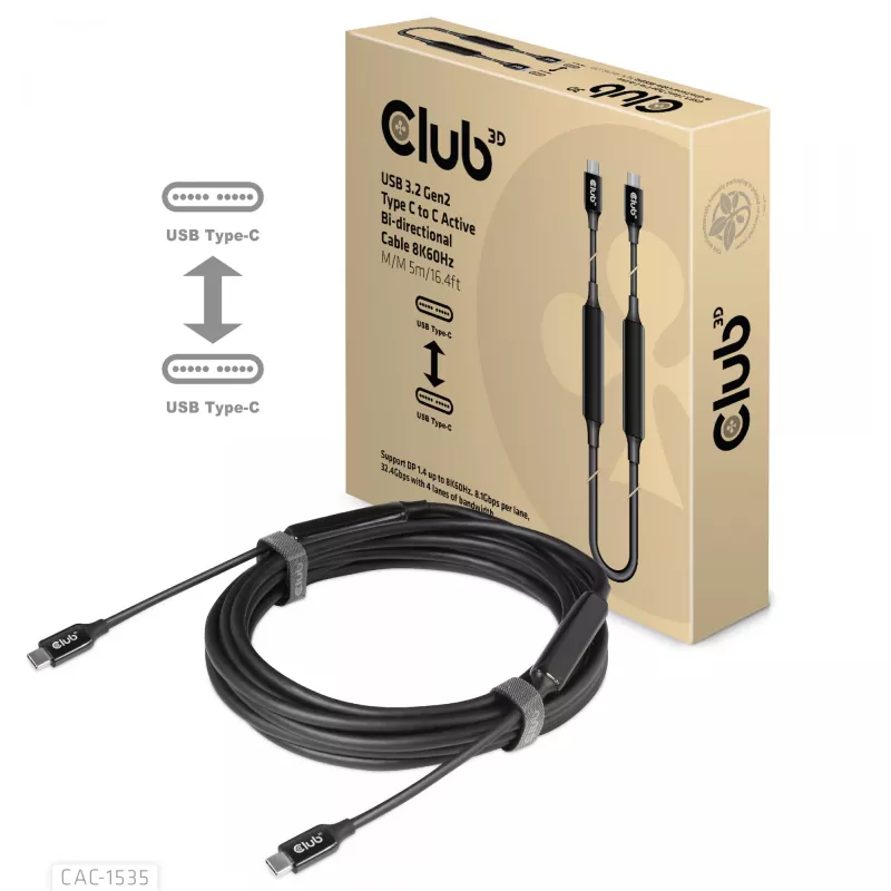 CLUB3D USB 3.2 Gen2 Type C to C aktívny obojsmerný kábel 8K60Hz M/M 5m/16.4ft