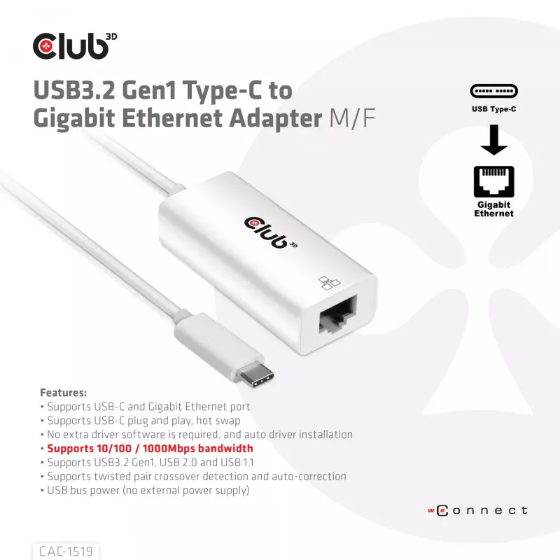 USB3.2 Gen1 Type-C na Gigabit Ethernet adaptér CLUB3D CAC-1519