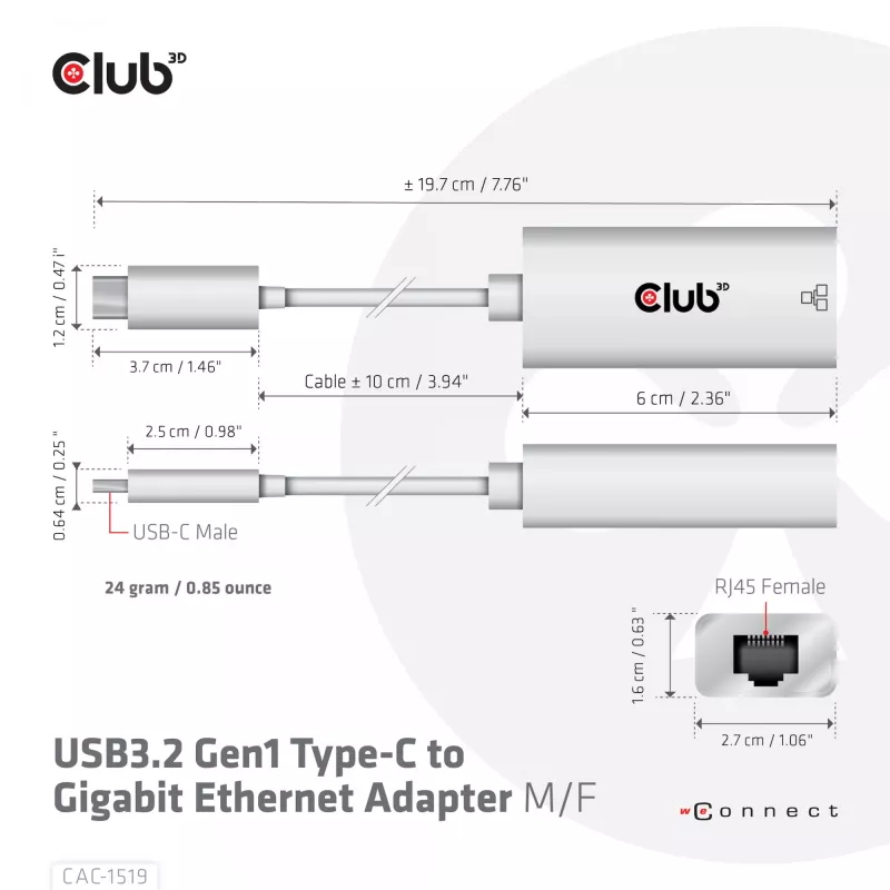 USB3.2 Gen1 Type-C na Gigabit Ethernet adaptér CLUB3D CAC-1519