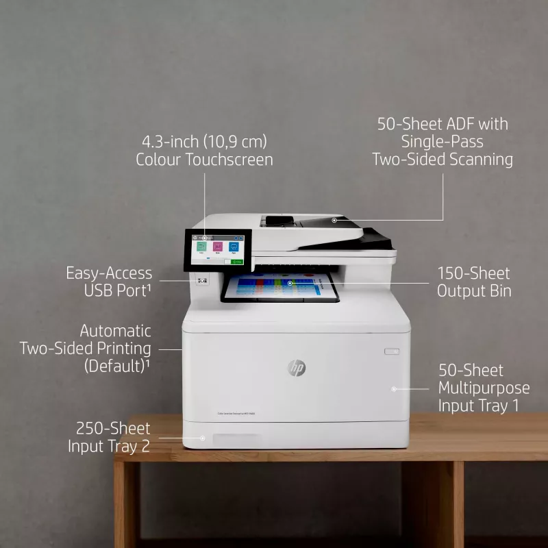 HP farebná LaserJet Enterprise MFP M480f, laser, farebná tlač, 600 x 600 DPI, A4, priama tlač, biela, čierna