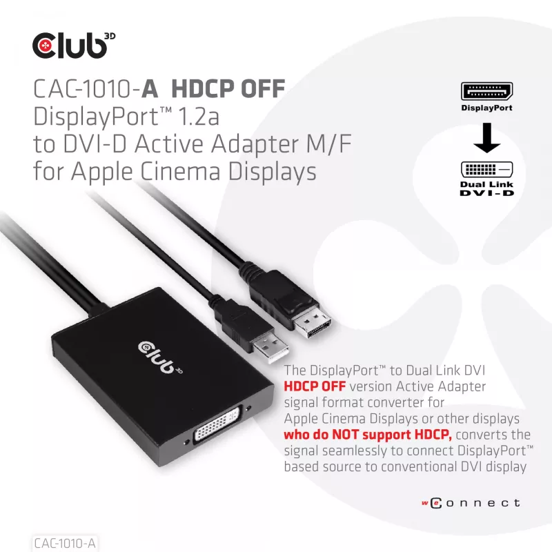 Club 3D CAC-1010-A aktívny adaptér z DisplayPort na Dual Link DVI-D, DisplayPort 1.2a, napájanie cez USB, HDCP OFF, 0,6 m, čierny