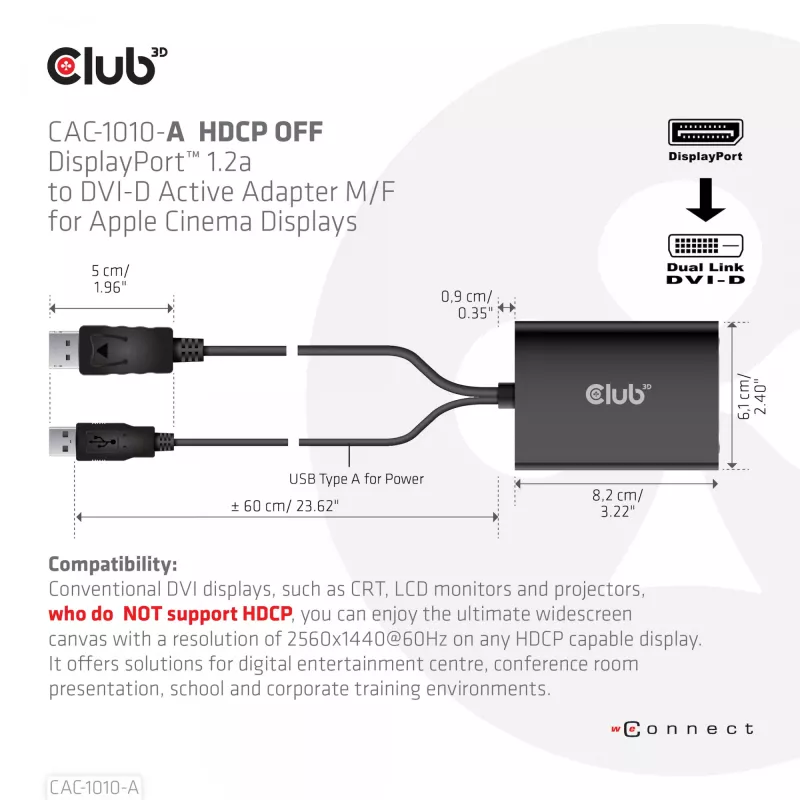 Club 3D CAC-1010-A aktívny adaptér z DisplayPort na Dual Link DVI-D, DisplayPort 1.2a, napájanie cez USB, HDCP OFF, 0,6 m, čierny