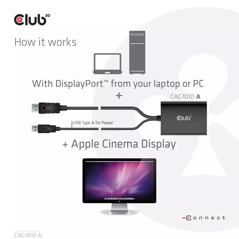 Club 3D CAC-1010-A aktívny adaptér z DisplayPort na Dual Link DVI-D, DisplayPort 1.2a, napájanie cez USB, HDCP OFF, 0,6 m, čierny