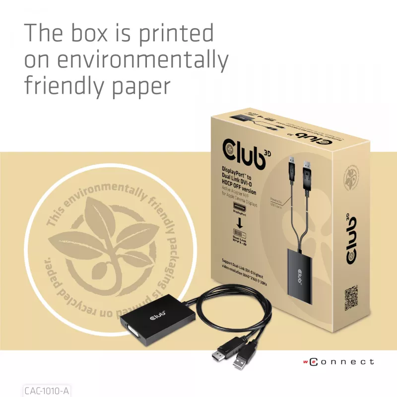 Club 3D CAC-1010-A aktívny adaptér z DisplayPort na Dual Link DVI-D, DisplayPort 1.2a, napájanie cez USB, HDCP OFF, 0,6 m, čierny