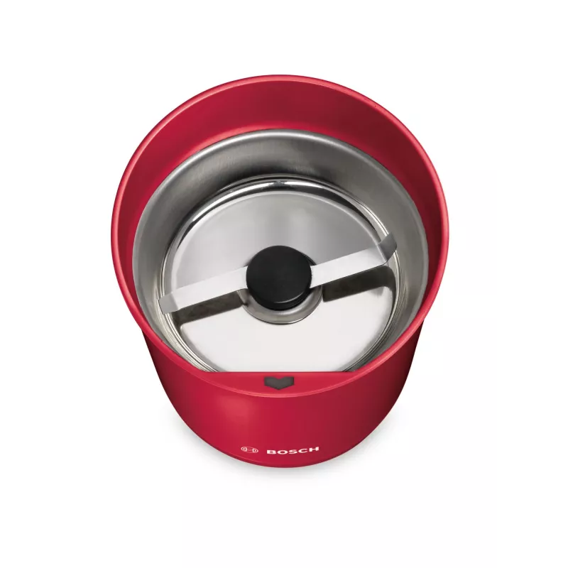 Mlynček na kávu s nožom Bosch TSM6A014R, kapacita 75 g, 180 W, nehrdzavejúce čepele, červená