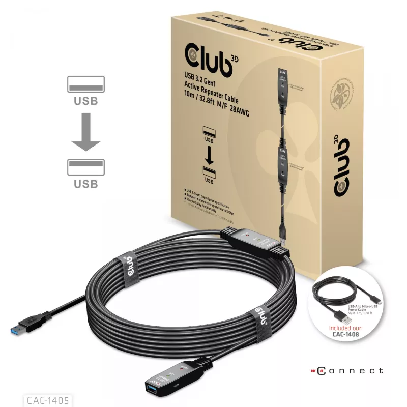 CLUB3D USB 3.2 Gen1 aktívny opakovač kábel 10 m / 32.8ft M/F 28AWG