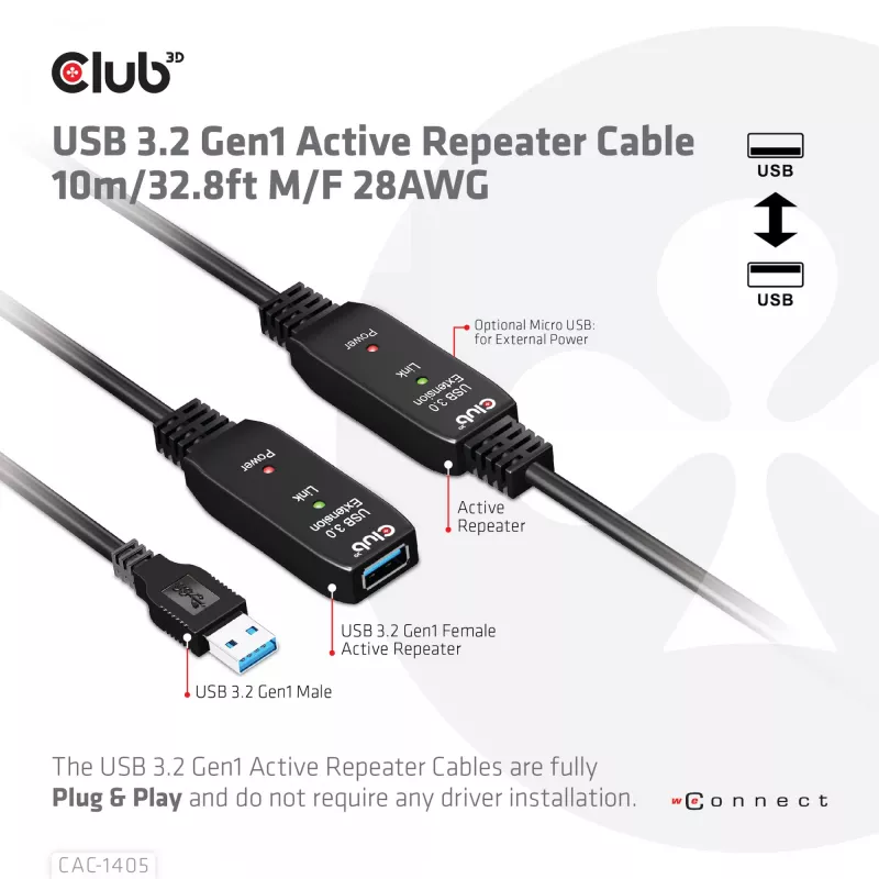 CLUB3D USB 3.2 Gen1 aktívny opakovač kábel 10 m / 32.8ft M/F 28AWG