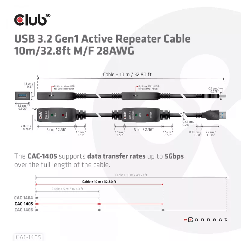 CLUB3D USB 3.2 Gen1 aktívny opakovač kábel 10 m / 32.8ft M/F 28AWG