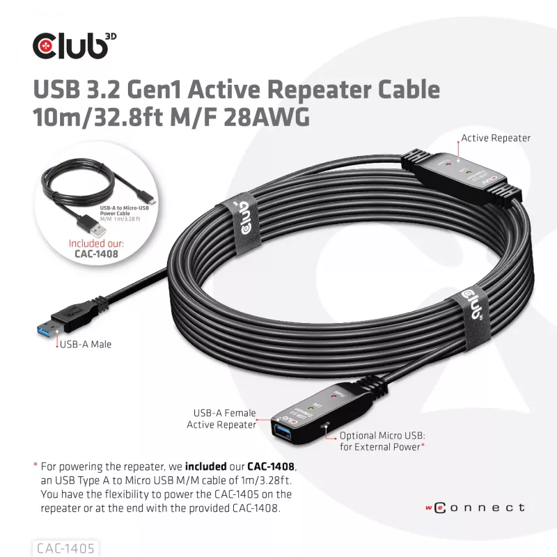 CLUB3D USB 3.2 Gen1 aktívny opakovač kábel 10 m / 32.8ft M/F 28AWG