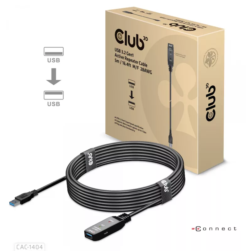 CLUB3D USB 3.2 Gen1 aktívny opakovač kábel 5 m / 16.4 ft M/F 28AWG