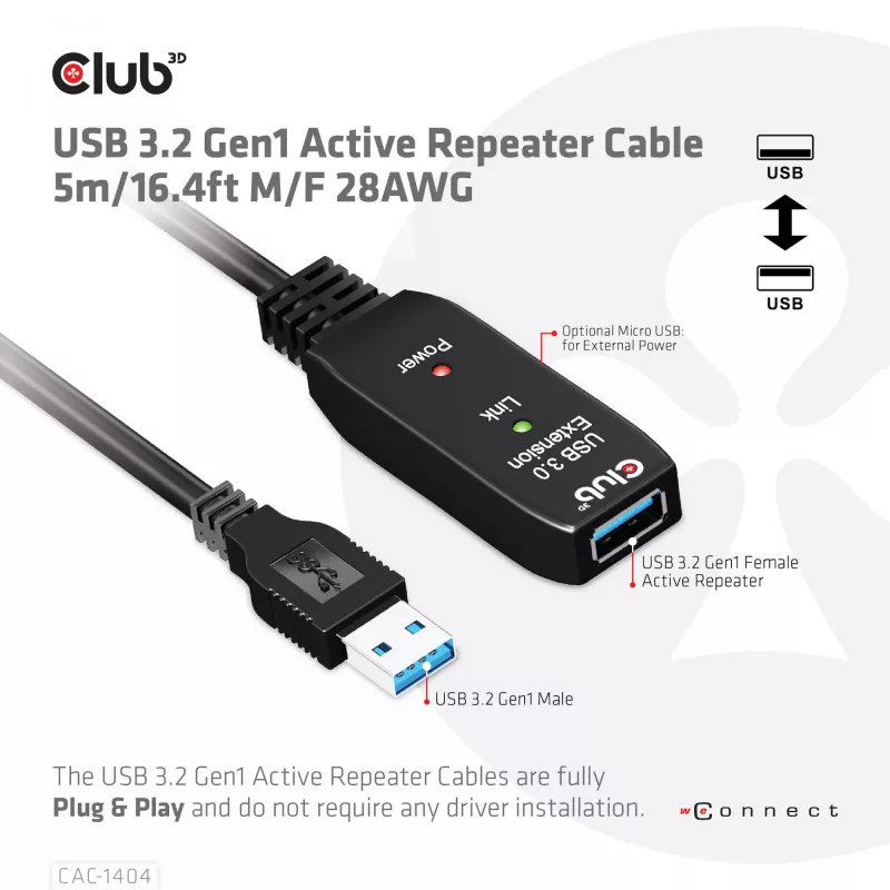 CLUB3D USB 3.2 Gen1 aktívny opakovač kábel 5 m / 16.4 ft M/F 28AWG