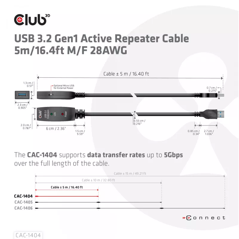 CLUB3D USB 3.2 Gen1 aktívny opakovač kábel 5 m / 16.4 ft M/F 28AWG