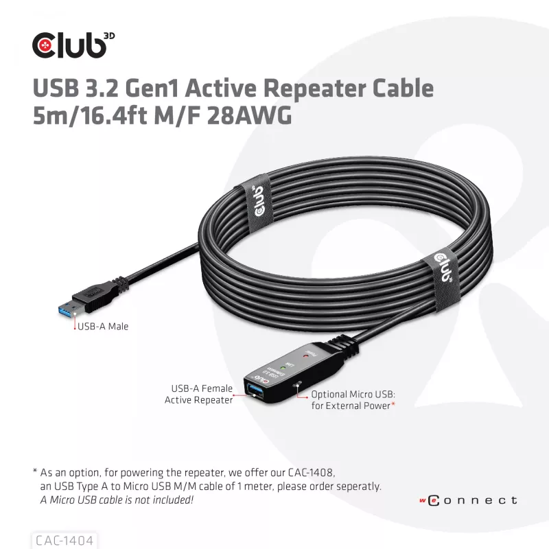 CLUB3D USB 3.2 Gen1 aktívny opakovač kábel 5 m / 16.4 ft M/F 28AWG