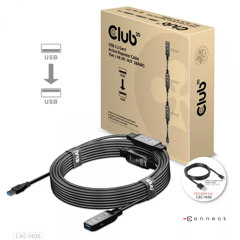 CLUB3D USB 3.2 Gen1 aktívny opakovač kábel 15 m / 49.2 ft M/F 28AWG