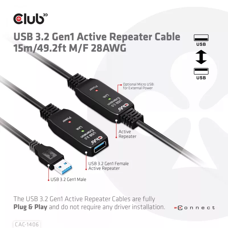 CLUB3D USB 3.2 Gen1 aktívny opakovač kábel 15 m / 49.2 ft M/F 28AWG