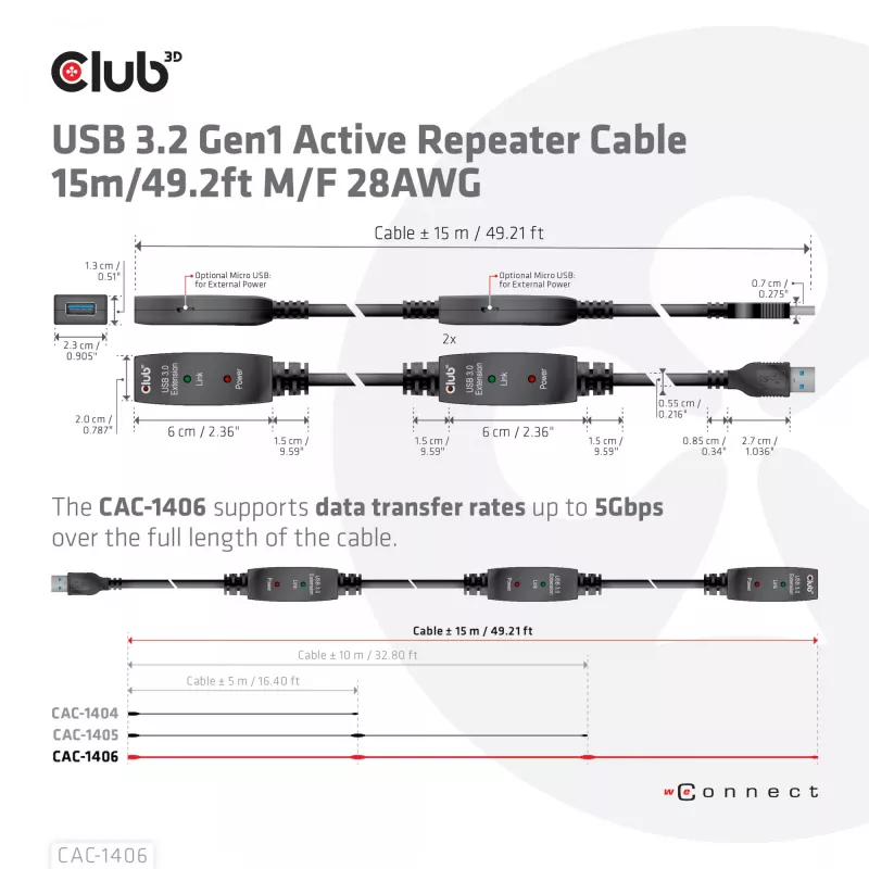 CLUB3D USB 3.2 Gen1 aktívny opakovač kábel 15 m / 49.2 ft M/F 28AWG