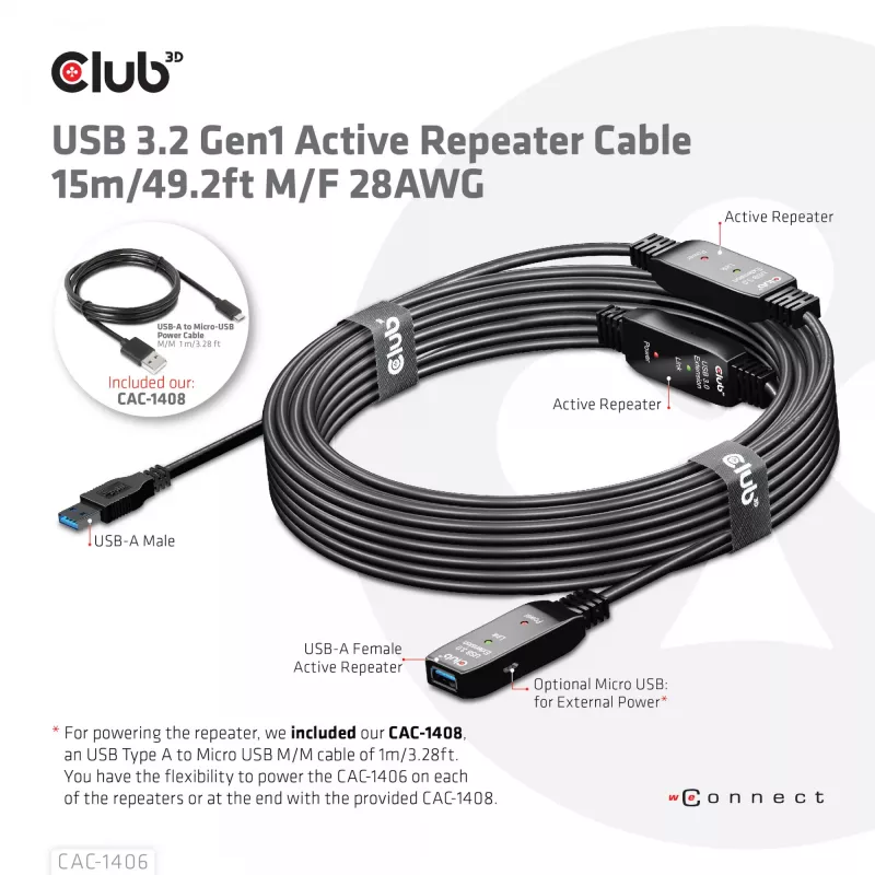 CLUB3D USB 3.2 Gen1 aktívny opakovač kábel 15 m / 49.2 ft M/F 28AWG