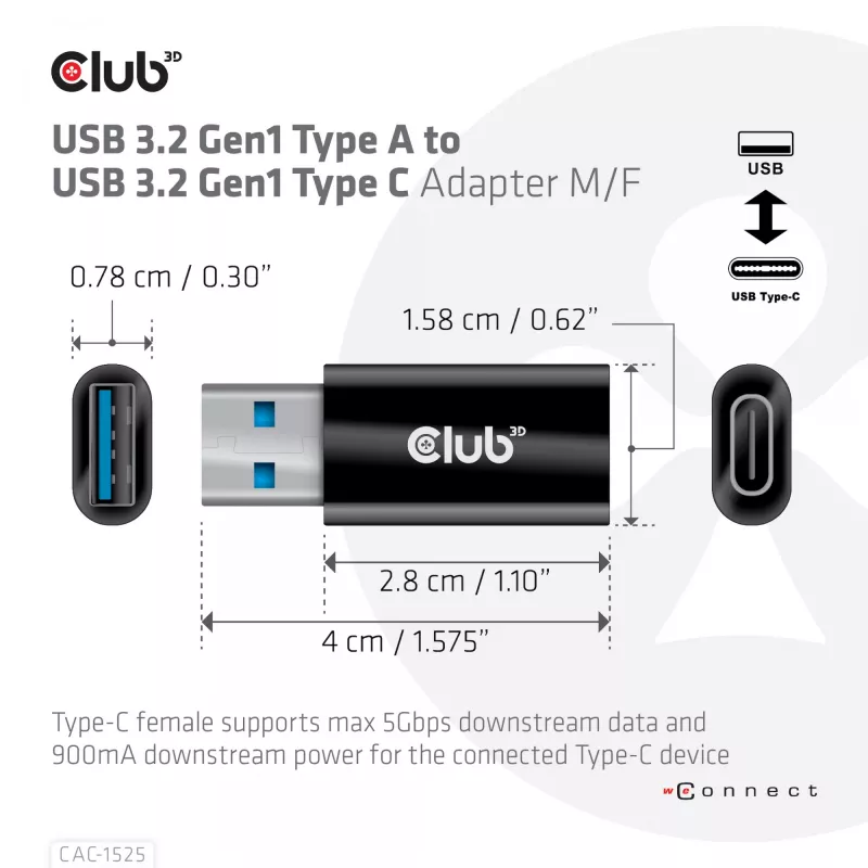 CLUB3D USB 3.2 Gen1 Type-A na USB 3.2 Gen1 Type-C adaptér M/F