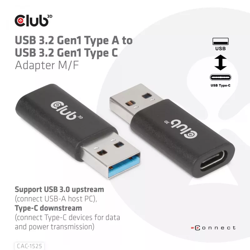 CLUB3D USB 3.2 Gen1 Type-A na USB 3.2 Gen1 Type-C adaptér M/F