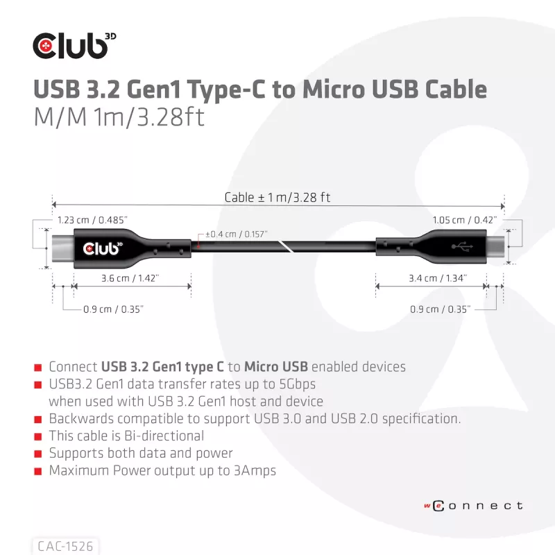 CLUB3D USB 3.2 Gen1 Type-C na Micro-USB kábel M/M 1 m / 3,28 ft