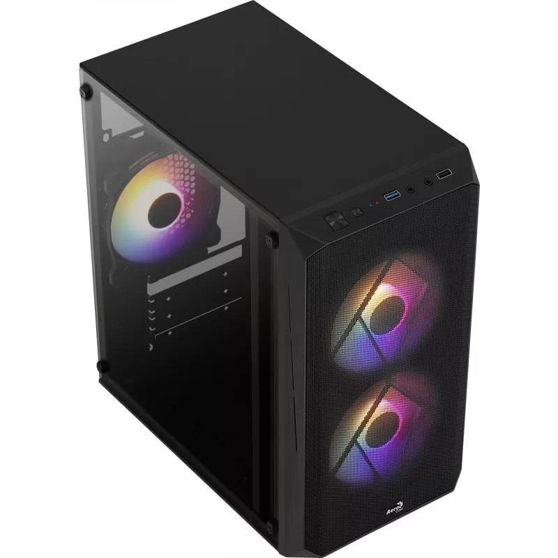 PC skriňa AEROCOOL CS107V2 Mini Tower — čierna, microATX/Mini-ITX, 2x120mm ventilátory, 1x3,5 palca + 2x2,5 palca pozície