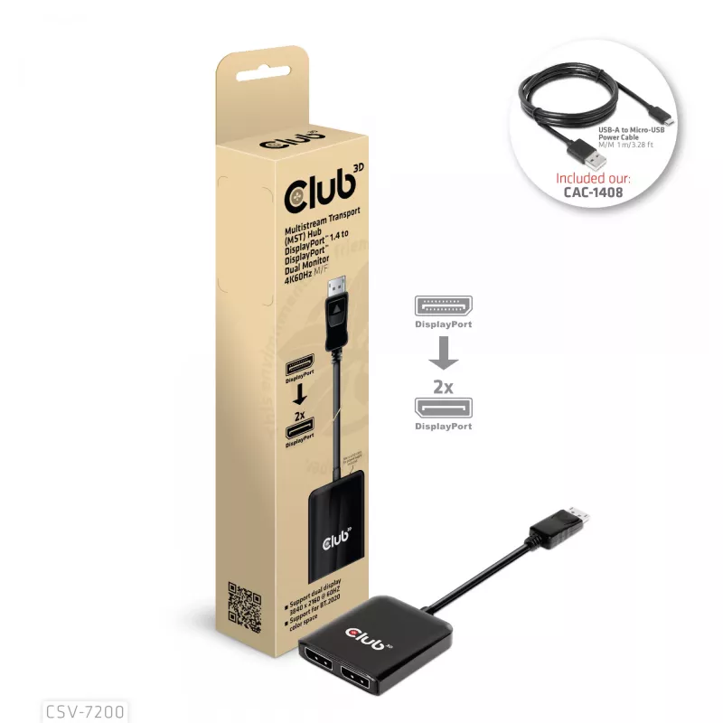 MST hub DisplayPort 1.4 na DisplayPort + HDMI 4K60Hz CLUB3D CSV-7220