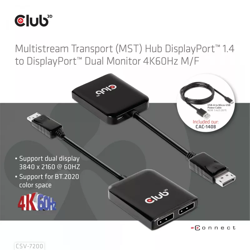MST hub DisplayPort 1.4 na DisplayPort + HDMI 4K60Hz CLUB3D CSV-7220
