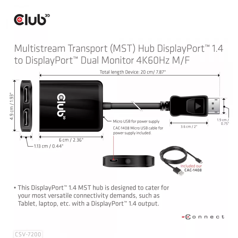 MST hub DisplayPort 1.4 na DisplayPort + HDMI 4K60Hz CLUB3D CSV-7220