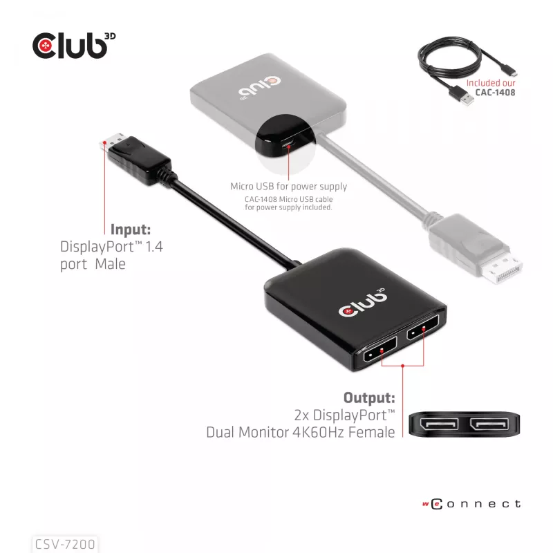 MST hub DisplayPort 1.4 na DisplayPort + HDMI 4K60Hz CLUB3D CSV-7220