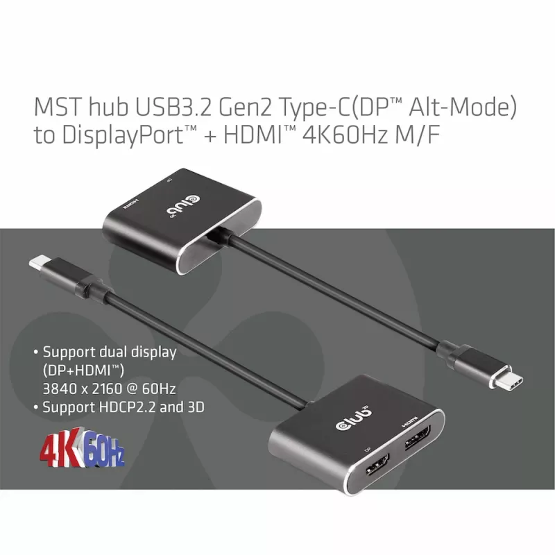 CLUB3D MST hub USB3.2 Gen2 Type-C (DP Alt-Mode) na DisplayPort + HDMI 4K60Hz M/F