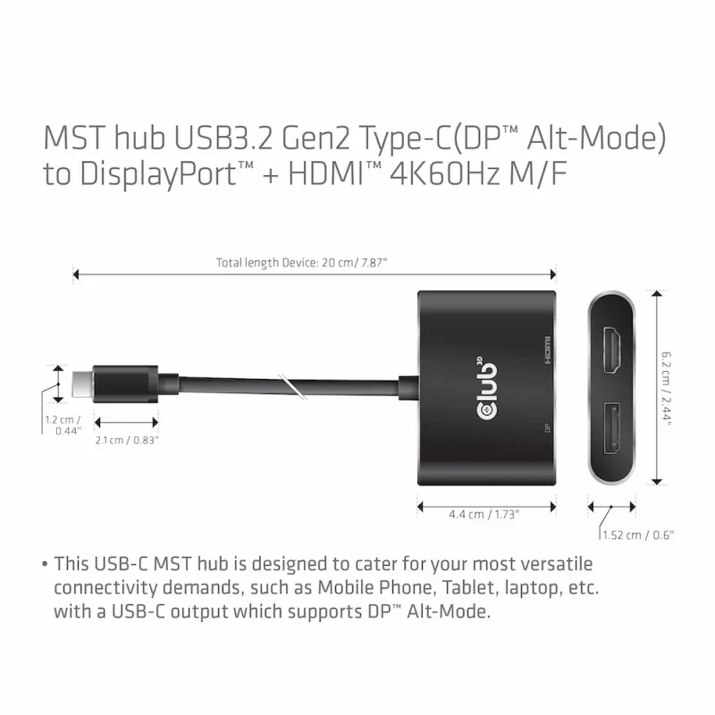 CLUB3D MST hub USB3.2 Gen2 Type-C (DP Alt-Mode) na DisplayPort + HDMI 4K60Hz M/F