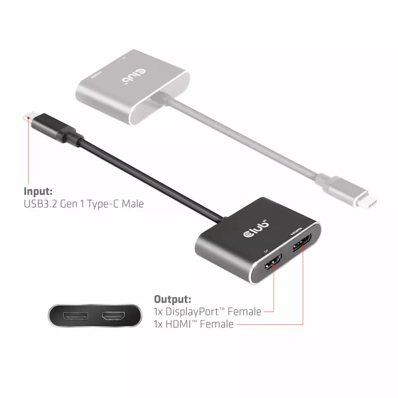 CLUB3D MST hub USB3.2 Gen2 Type-C (DP Alt-Mode) na DisplayPort + HDMI 4K60Hz M/F