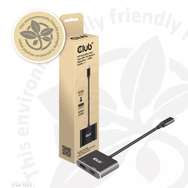 CLUB3D MST hub USB3.2 Gen2 Type-C (DP Alt-Mode) na DisplayPort + HDMI 4K60Hz M/F