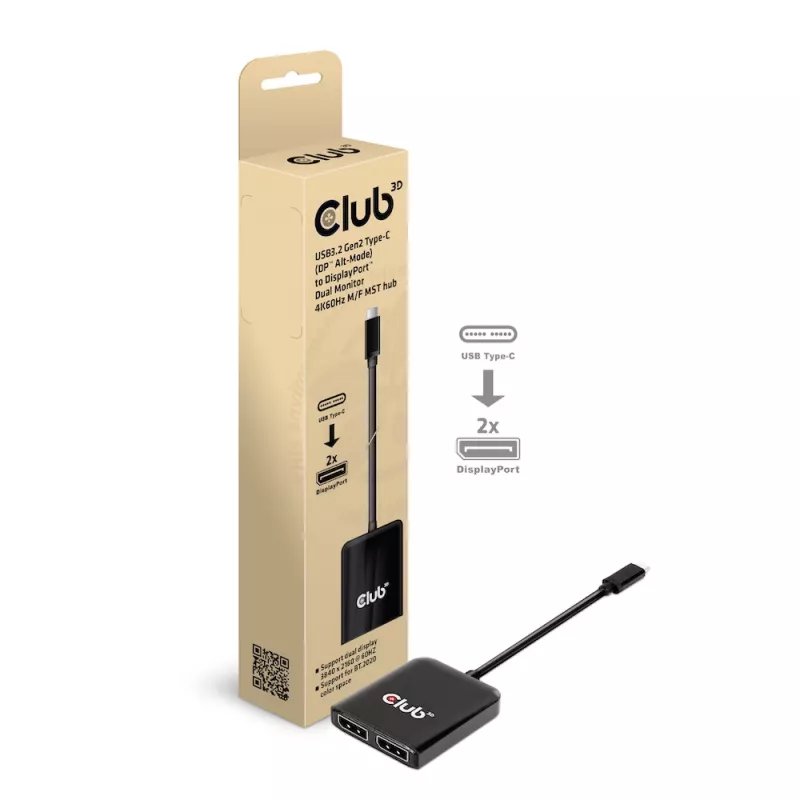 CLUB3D USB3.2 Gen2 Type-C (DP™ Alt-Mode) na DisplayPort™ dvojmonitorový 4K60Hz M/F MST hub