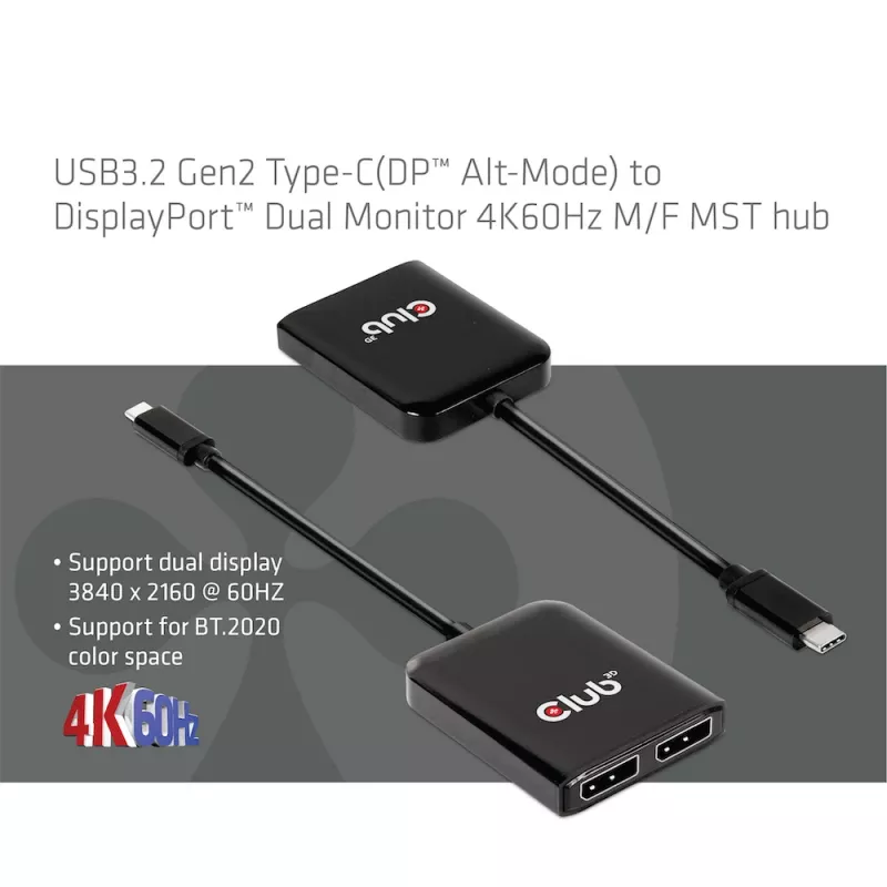 CLUB3D USB3.2 Gen2 Type-C (DP™ Alt-Mode) na DisplayPort™ dvojmonitorový 4K60Hz M/F MST hub