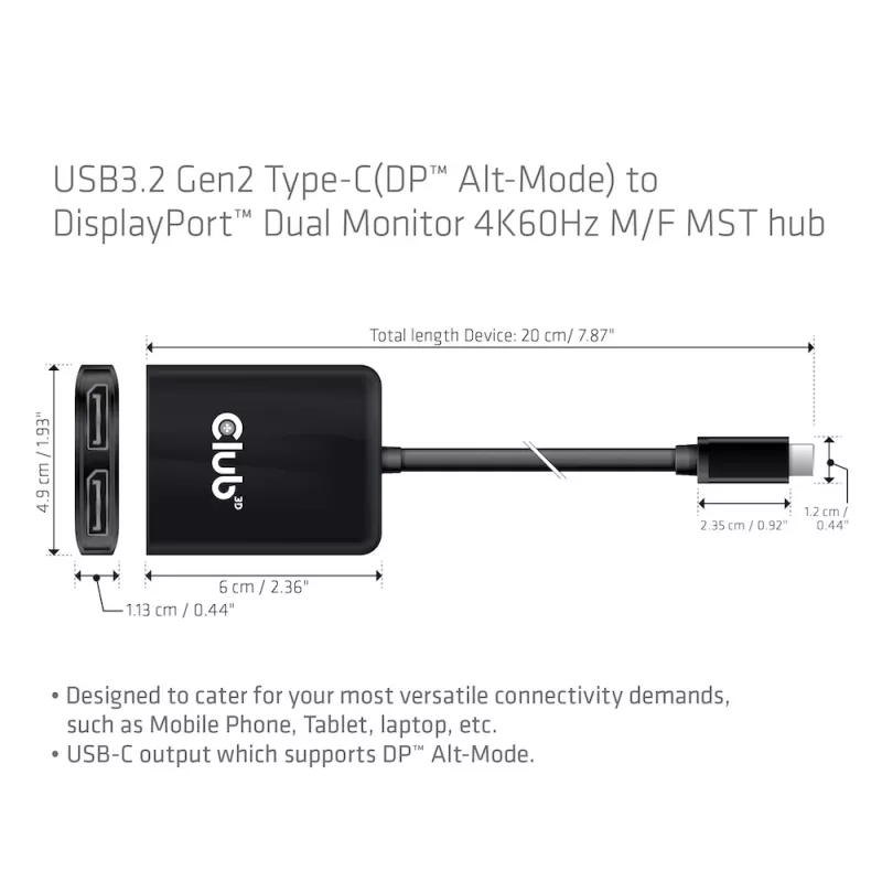 CLUB3D USB3.2 Gen2 Type-C (DP™ Alt-Mode) na DisplayPort™ dvojmonitorový 4K60Hz M/F MST hub