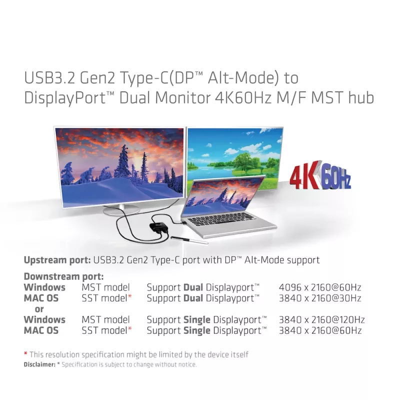 CLUB3D USB3.2 Gen2 Type-C (DP™ Alt-Mode) na DisplayPort™ dvojmonitorový 4K60Hz M/F MST hub