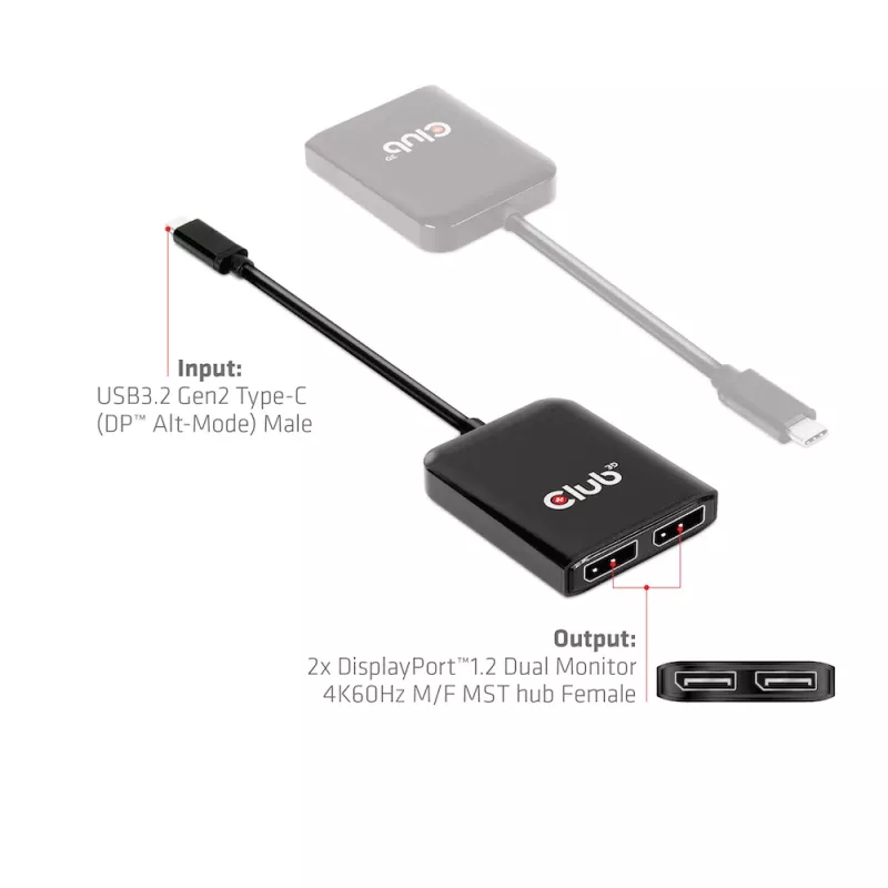 CLUB3D USB3.2 Gen2 Type-C (DP™ Alt-Mode) na DisplayPort™ dvojmonitorový 4K60Hz M/F MST hub