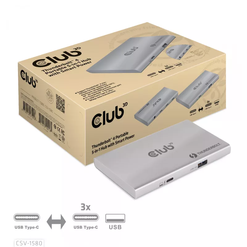 CLUB3D certifikovaný Thunderbolt™4 prenosný 5-in-1 hub so Smart Power