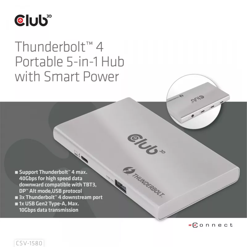 CLUB3D certifikovaný Thunderbolt™4 prenosný 5-in-1 hub so Smart Power